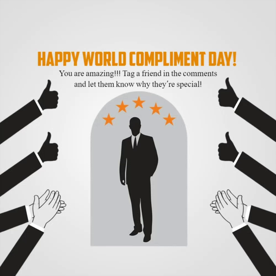 A celebratory graphic for World Compliment Day featuring a central businessman figure under five stars with hands giving thumbs up and clapping around him.
