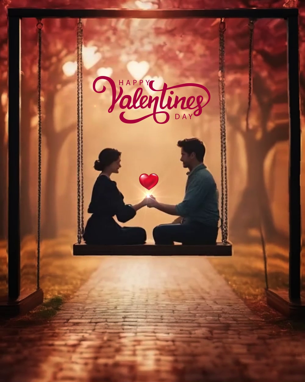 A romantic couple sitting on a swing at sunset with heart shapes and Happy Valentines Day text