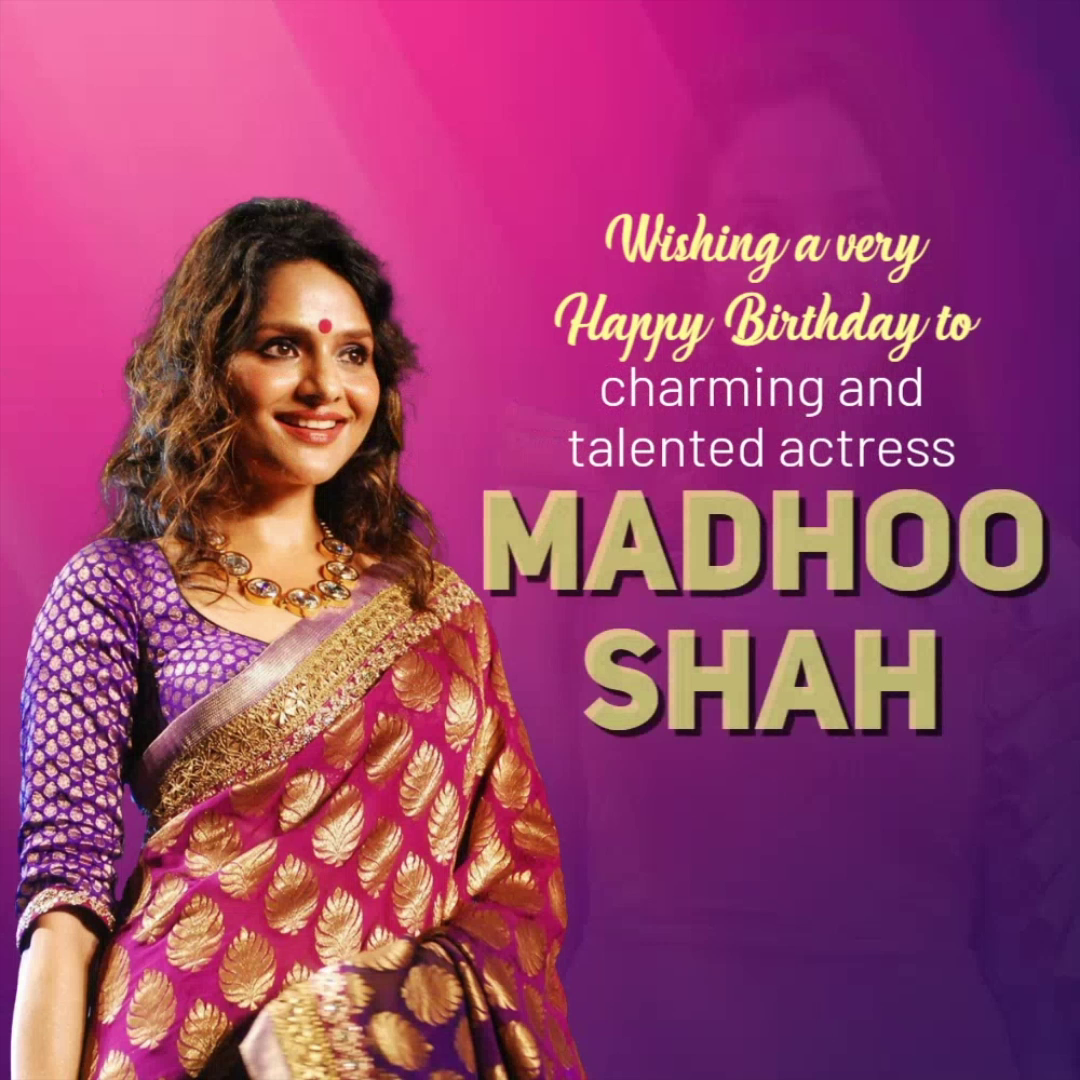 Indian actress Madhoo Shah in a purple and gold saree with birthday wishes