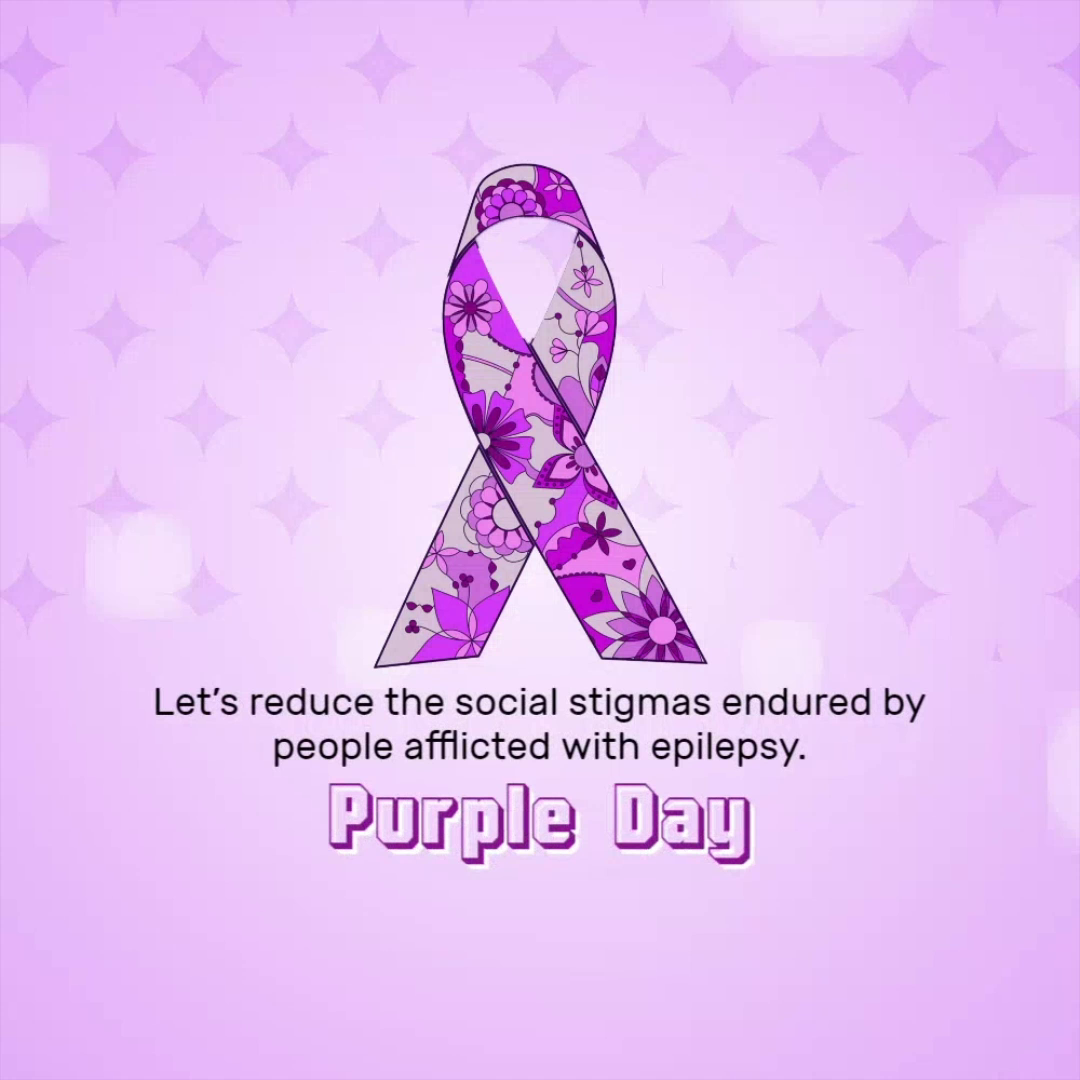 A decorative purple ribbon symbolizing epilepsy awareness with text calling for the reduction of social stigmas for Purple Day.