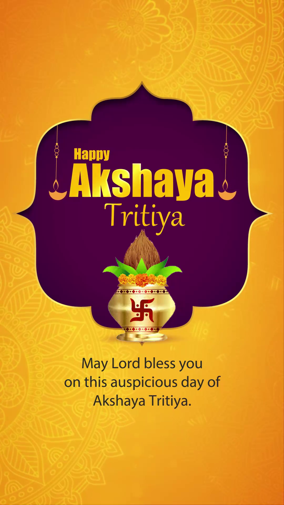 Decorative greeting card for Akshaya Tritiya featuring a kalash and traditional mandala background.