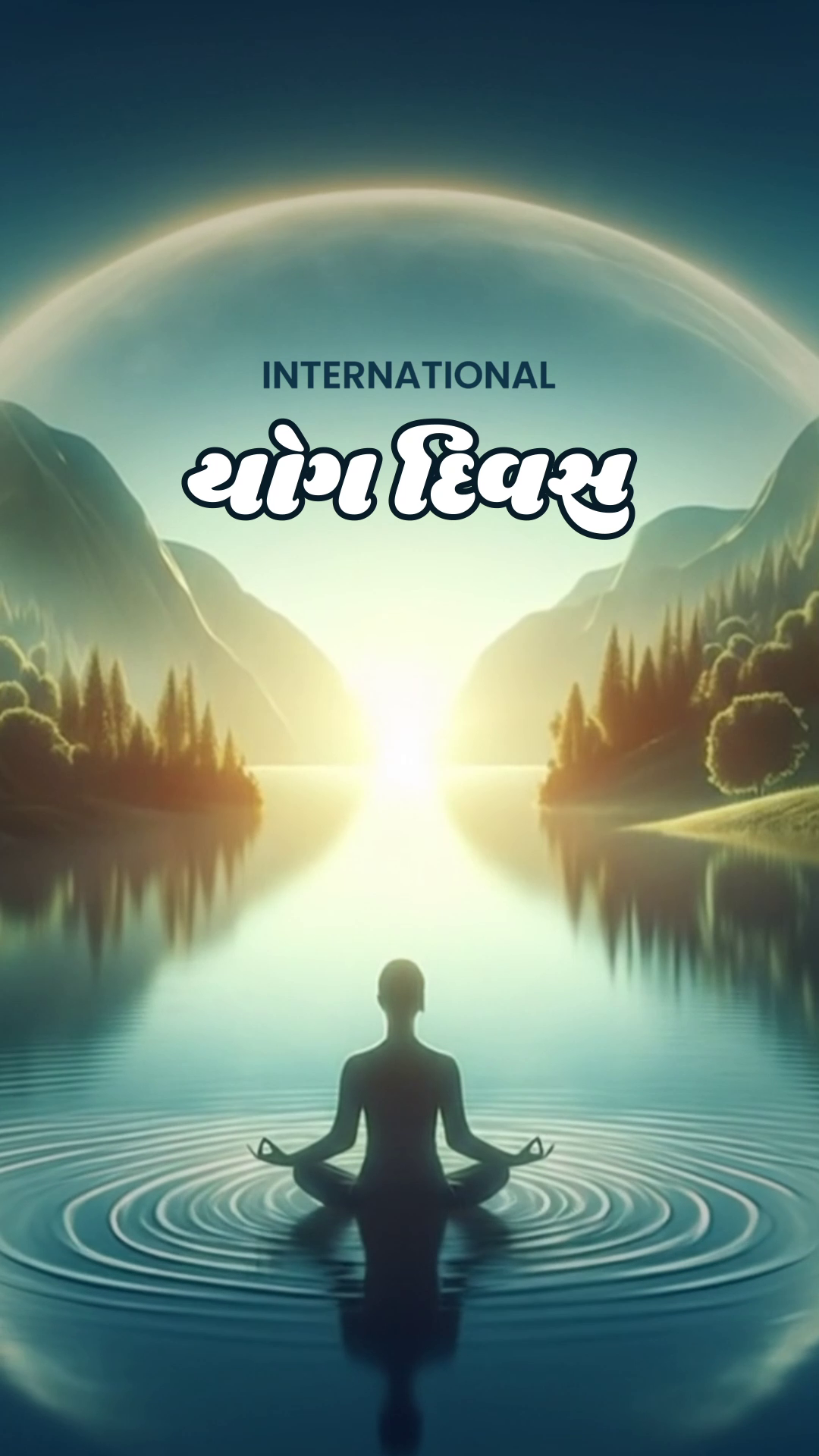 A serene silhouette of a person meditating in a lake at sunrise with the text International Yoga Divas in Gujarati.