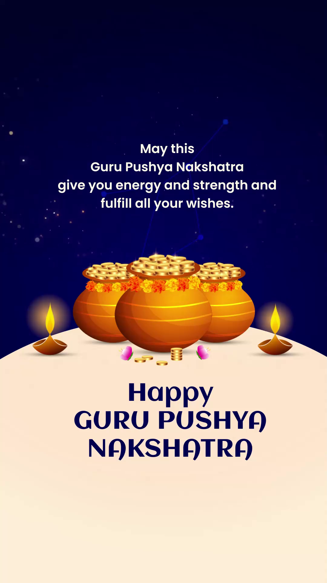 A celebratory graphic for Guru Pushya Nakshatra featuring gold coins in pots and lit diyas against a dark blue background.