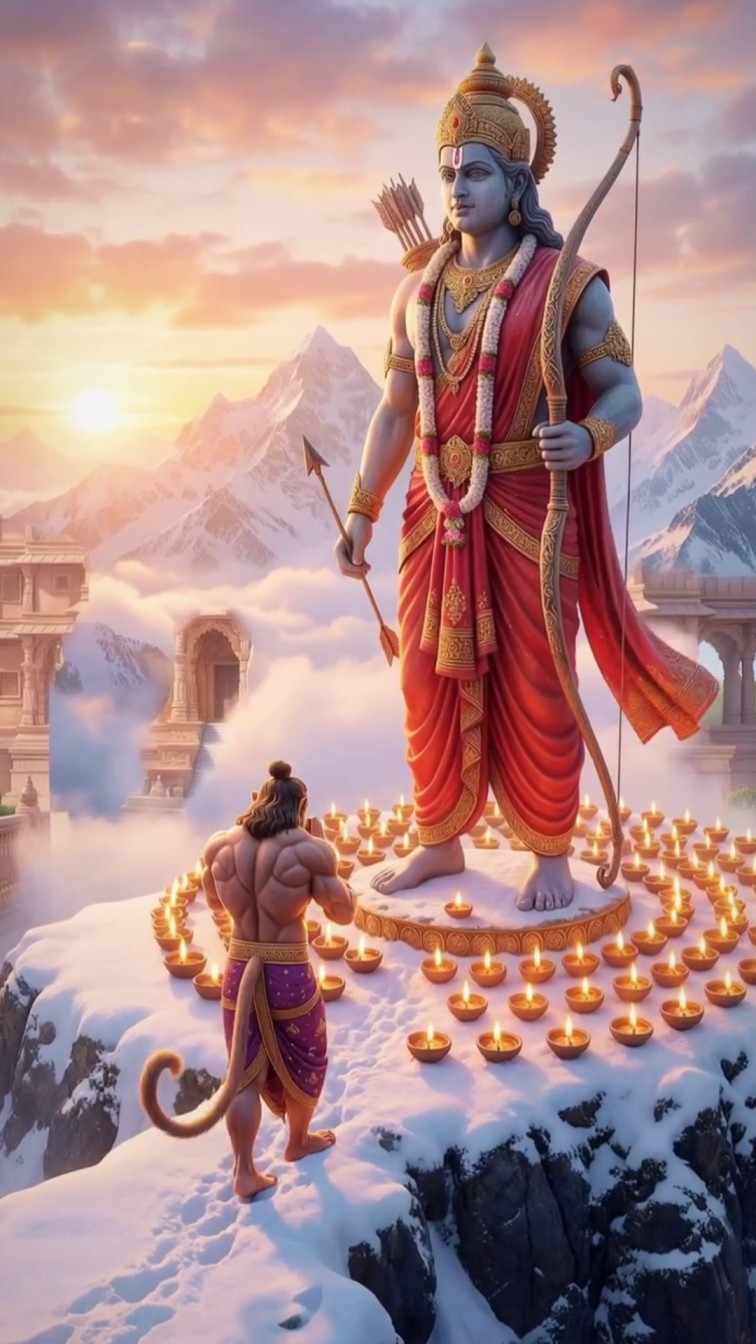 Lord Rama standing tall with a bow and arrow while Hanuman pays respects in a snowy Himalayan landscape with glowing diyas.