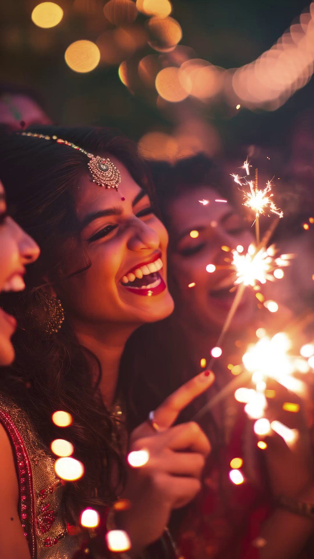 A group of joyful women celebrating a festival with sparkling fireworks in their hands at night
