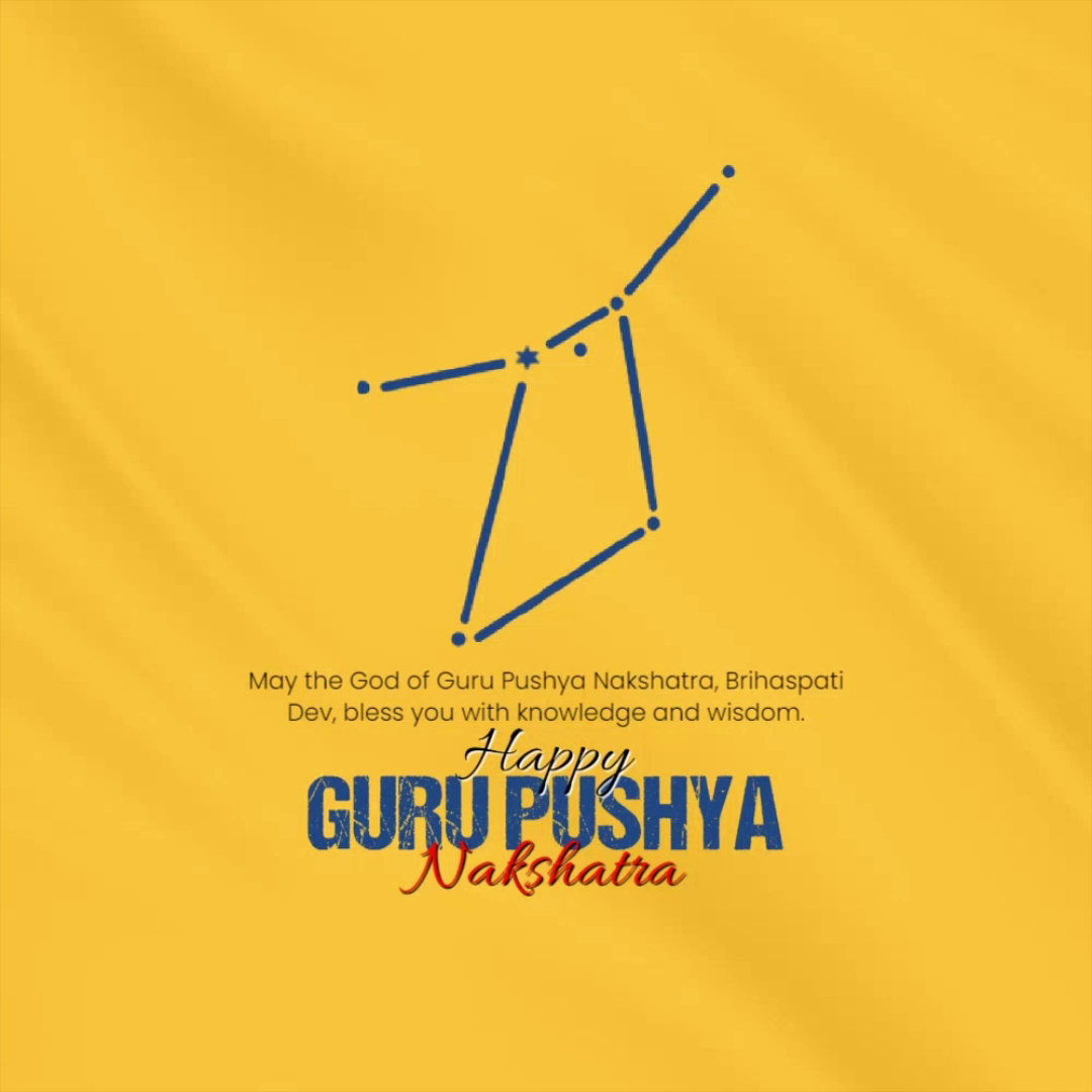 Minimalist digital greeting card for Guru Pushya Nakshatra featuring a blue constellation line art on a yellow background