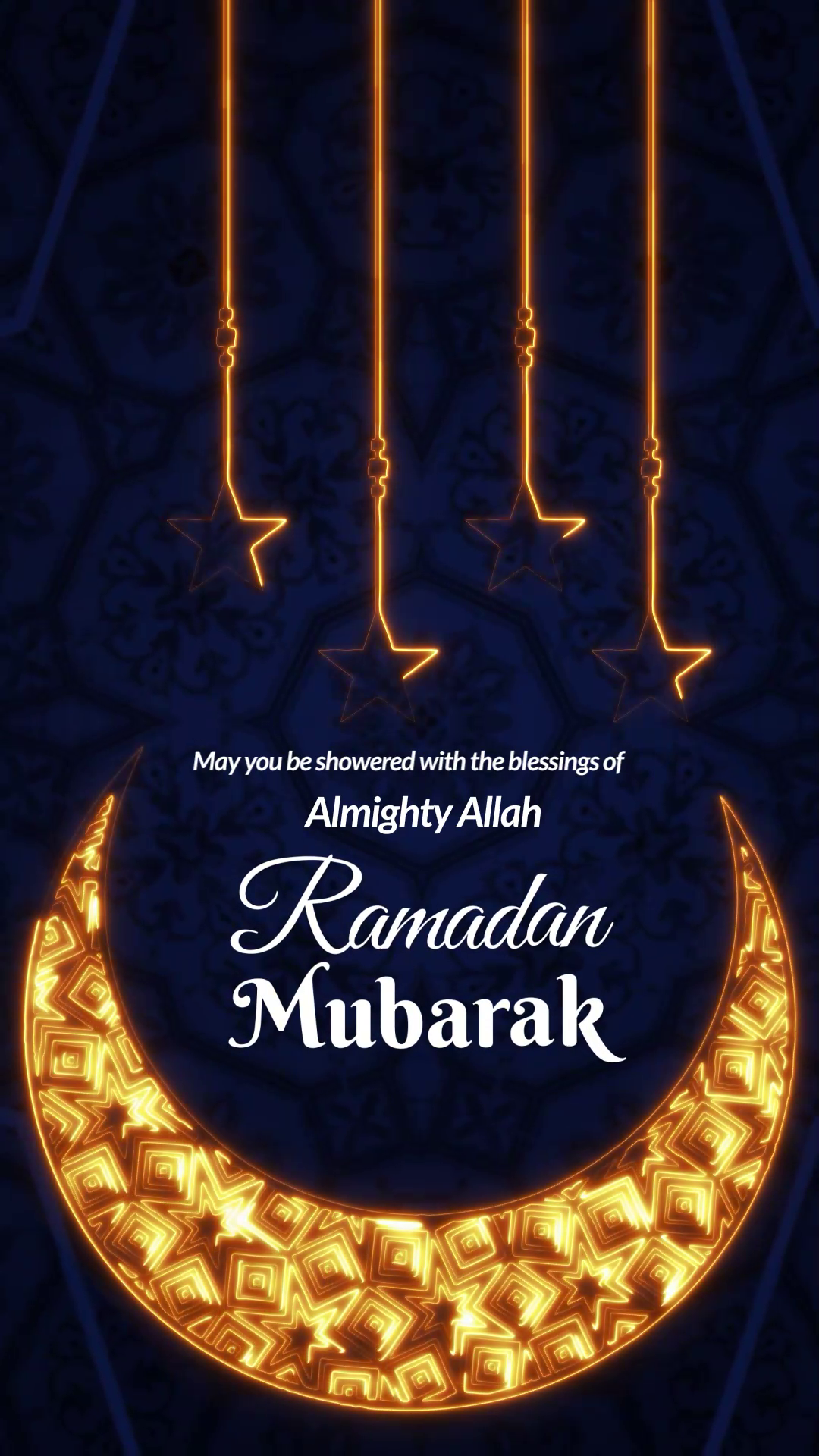 Ramadan Mubarak greeting with glowing gold crescent moon and hanging stars against a dark blue patterned background.