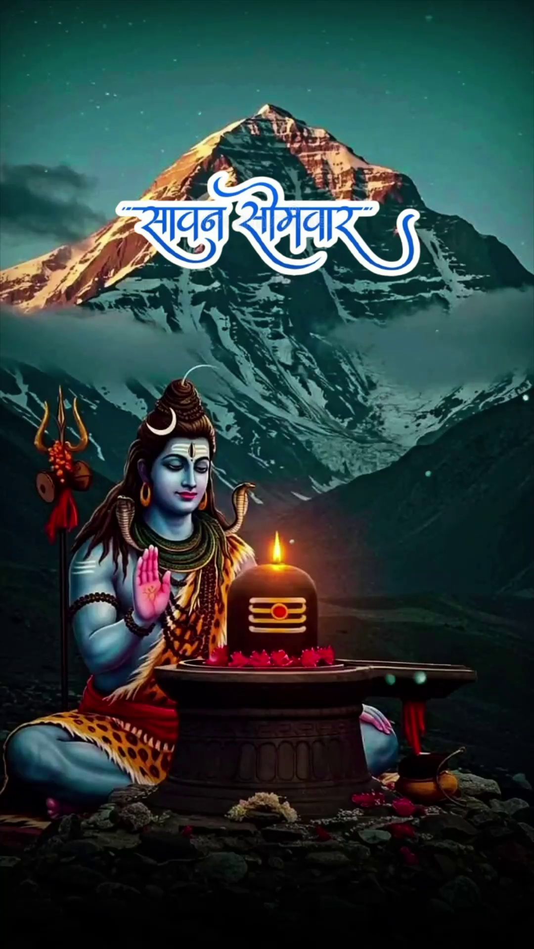 Lord Shiva meditating in front of a Shivling with Mount Kailash in the background during Sawan Somwar