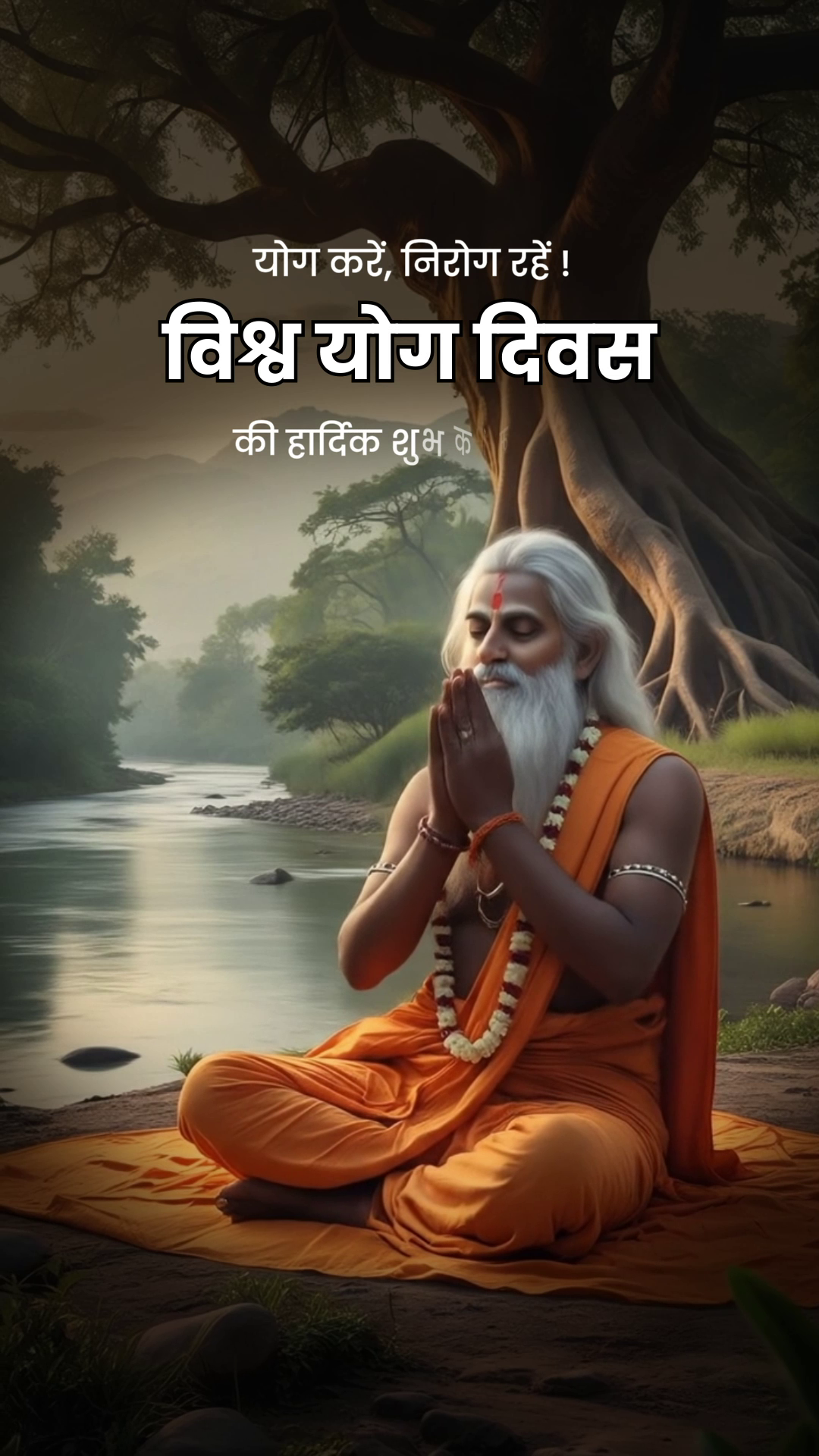 A sage meditating under a large tree near a river in honor of International Yoga Day