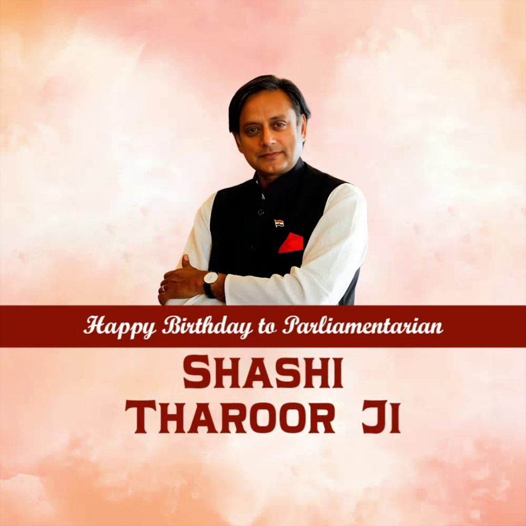 Shashi Tharoor in a black nehru jacket against an orange gradient background wishing him a happy birthday