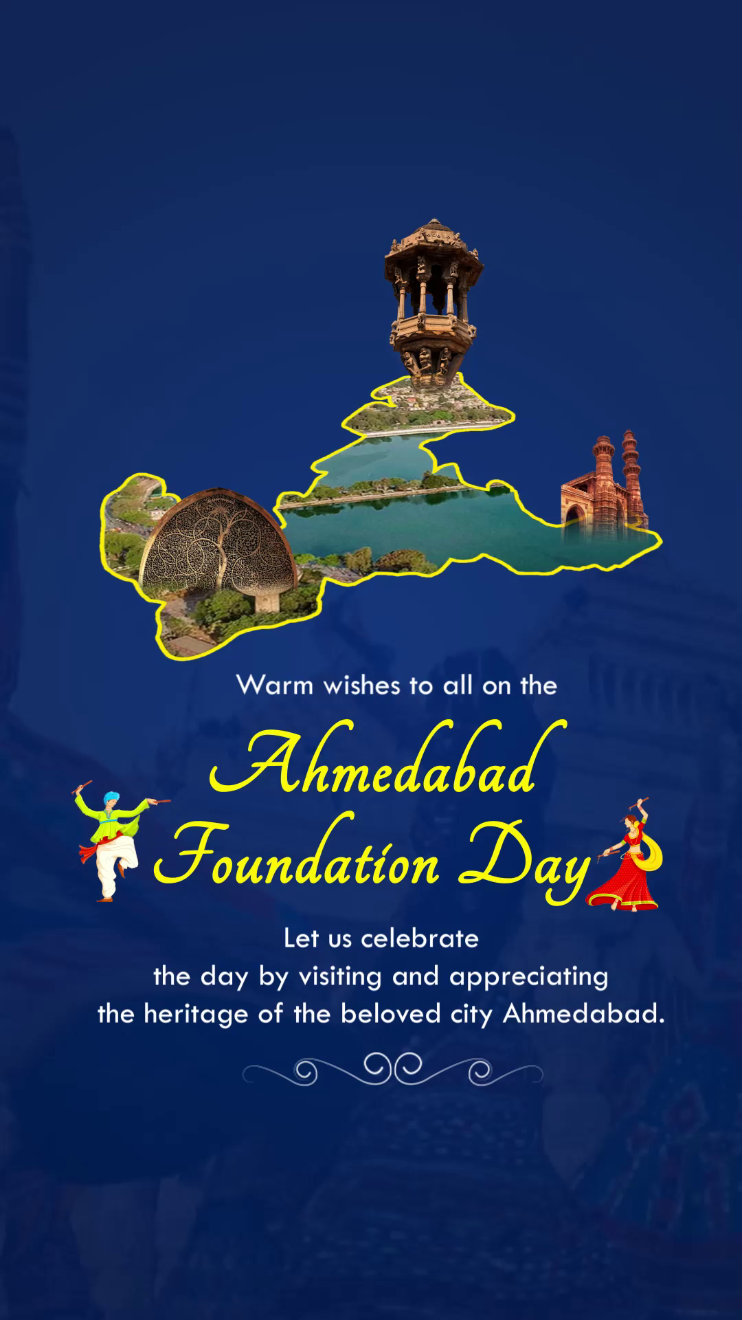 An artistic tribute to Ahmedabad Foundation Day featuring city landmarks and traditional folk dancers