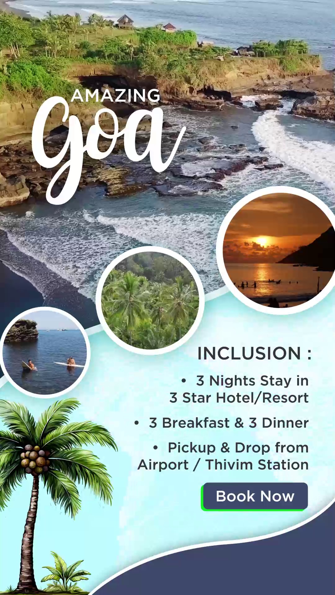 Promotional graphic for an amazing Goa travel package with beach scenes and hotel inclusions