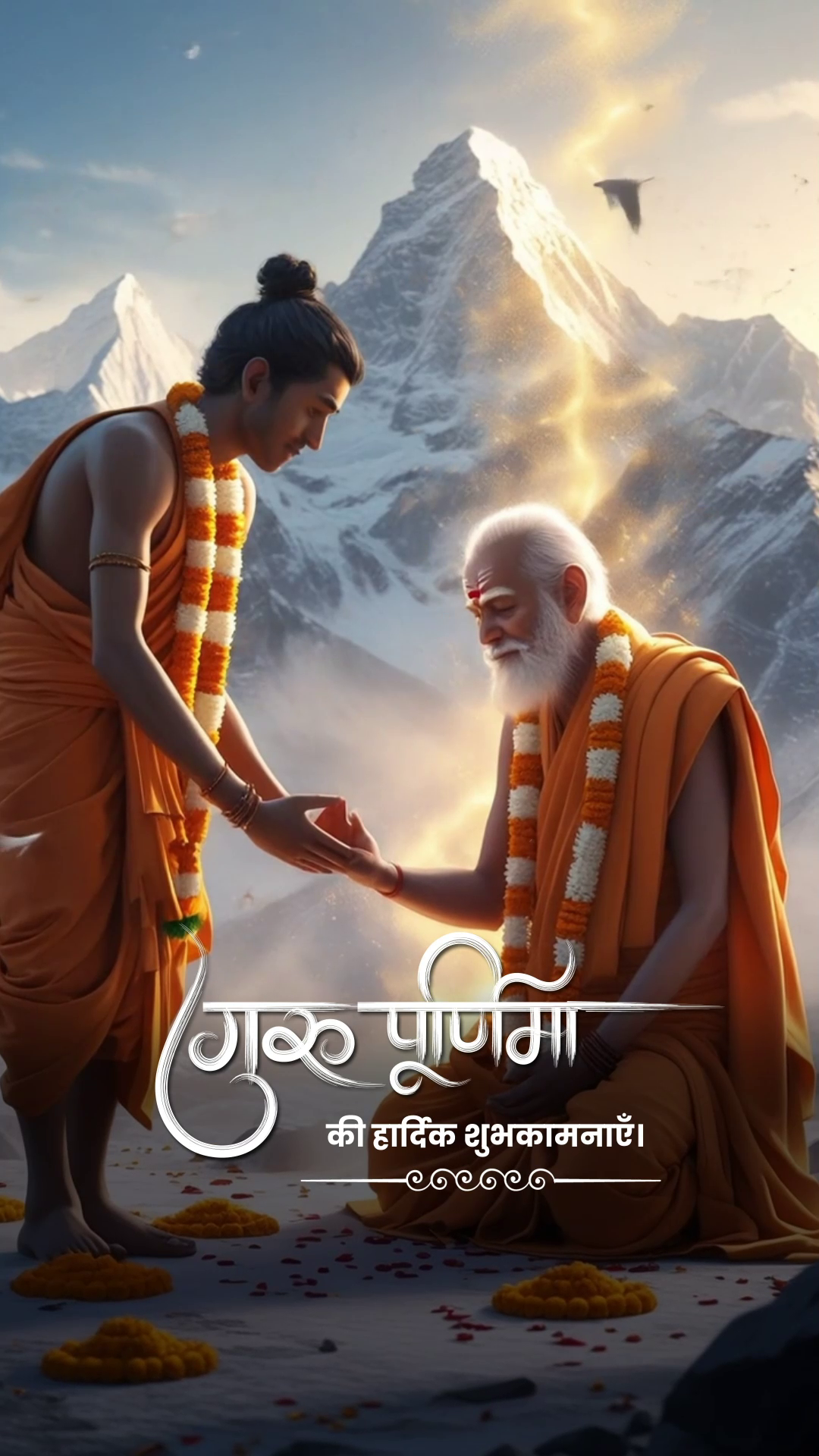 A young disciple offering respect to an elderly guru against a majestic Himalayan background for Guru Purnima
