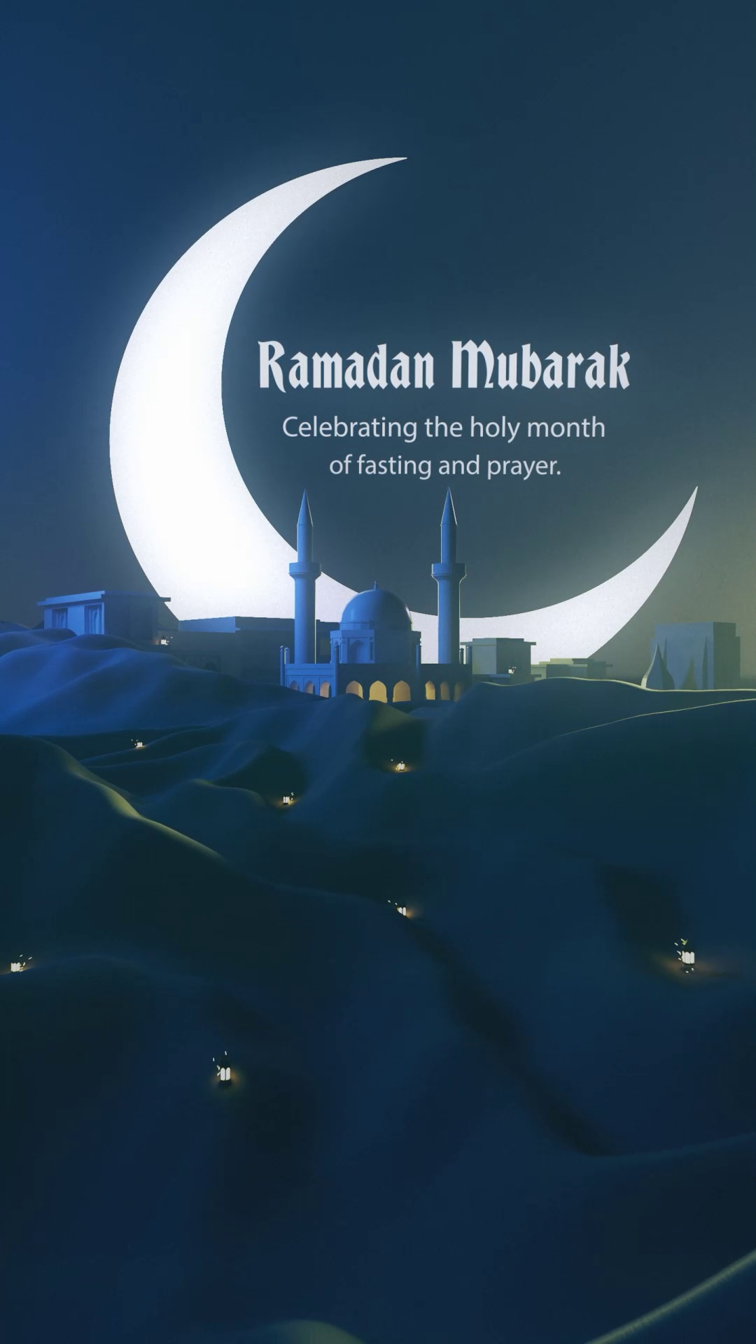 A serene Ramadan night scene featuring a glowing crescent moon over a mosque silhouette in the desert