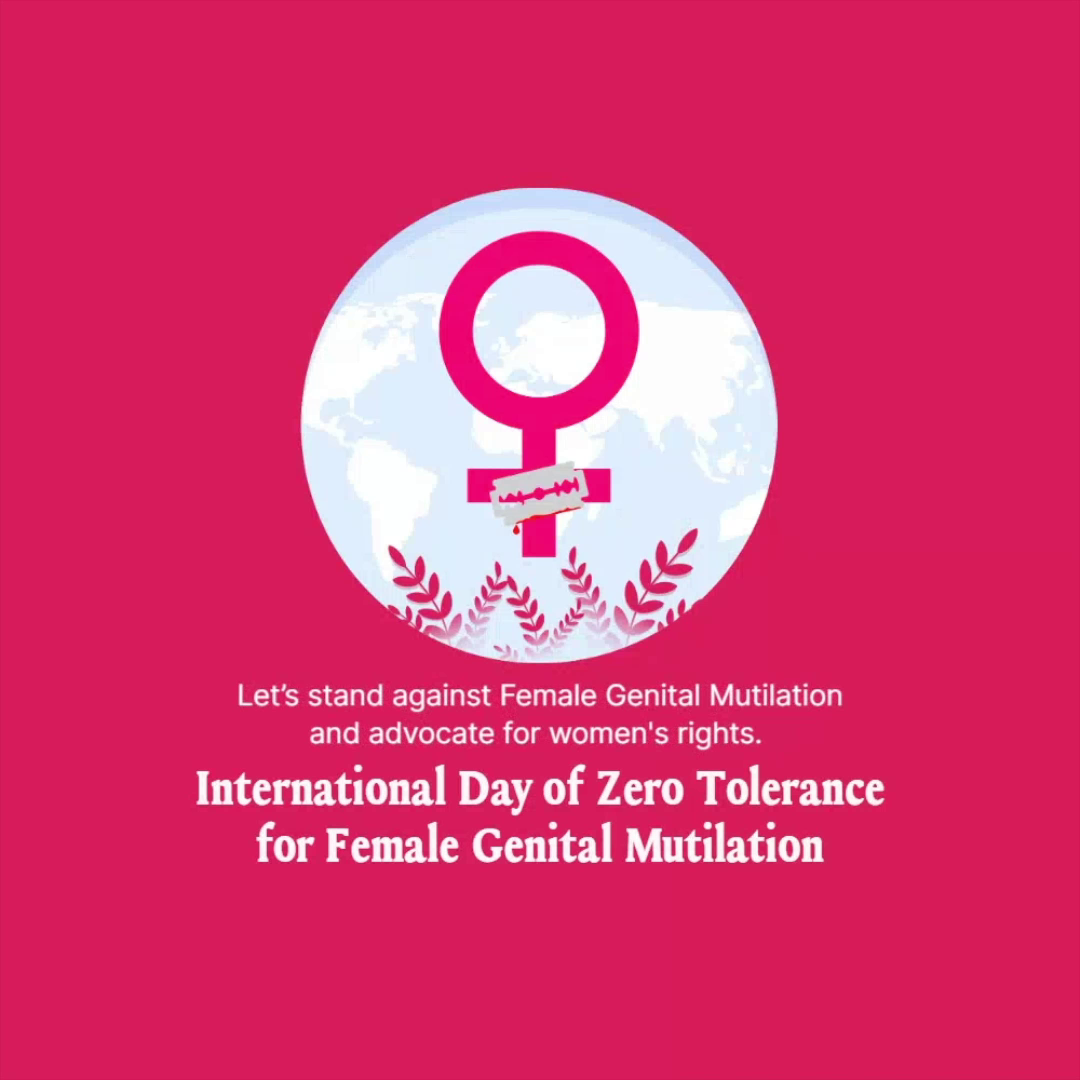 Graphic for International Day of Zero Tolerance for FGM featuring a female symbol, a razor blade, and a world map