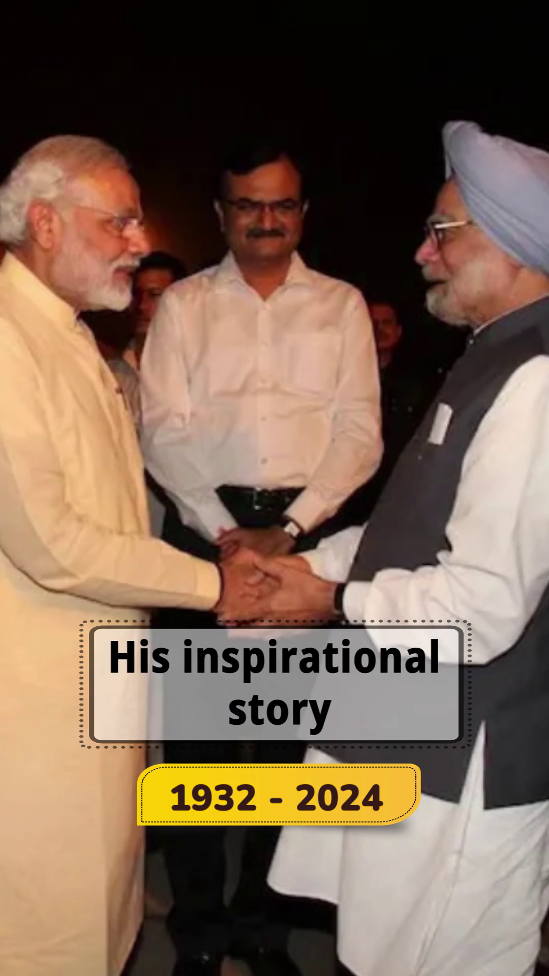 Prime Minister Narendra Modi shaking hands with former Prime Minister Dr. Manmohan Singh with text overlay