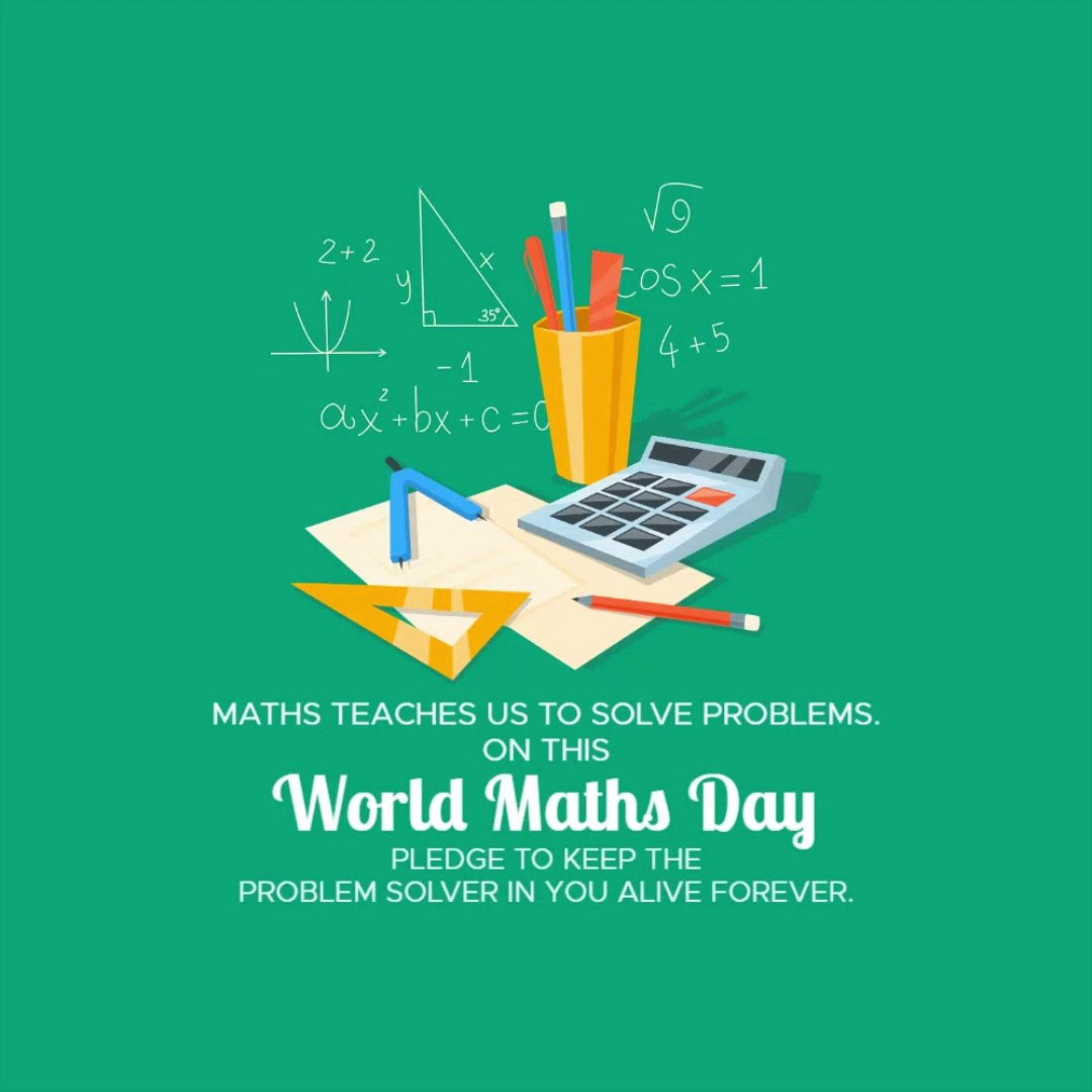 World Maths Day greeting card with calculator, pencil holder, and mathematical formulas on a green background