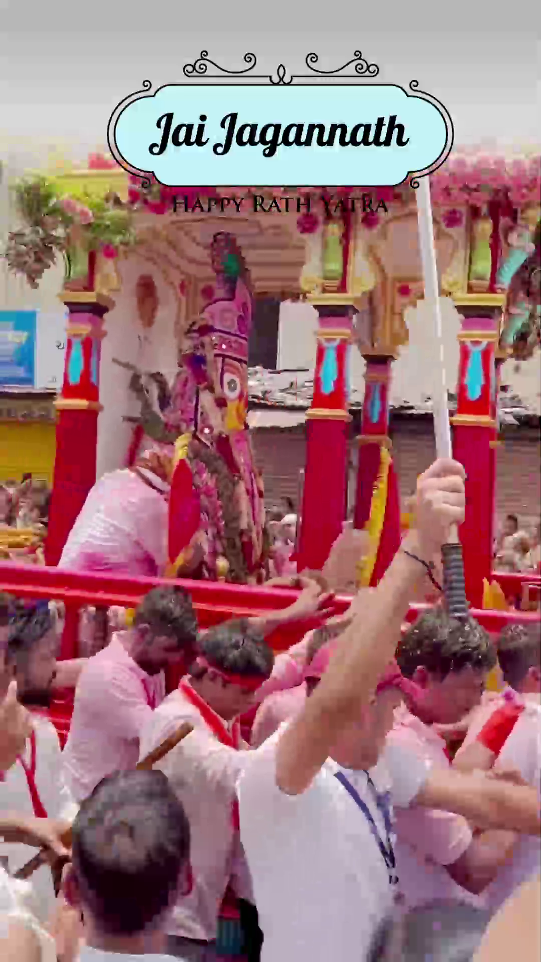 Devotees celebrating the Rath Yatra festival with a vibrant chariot