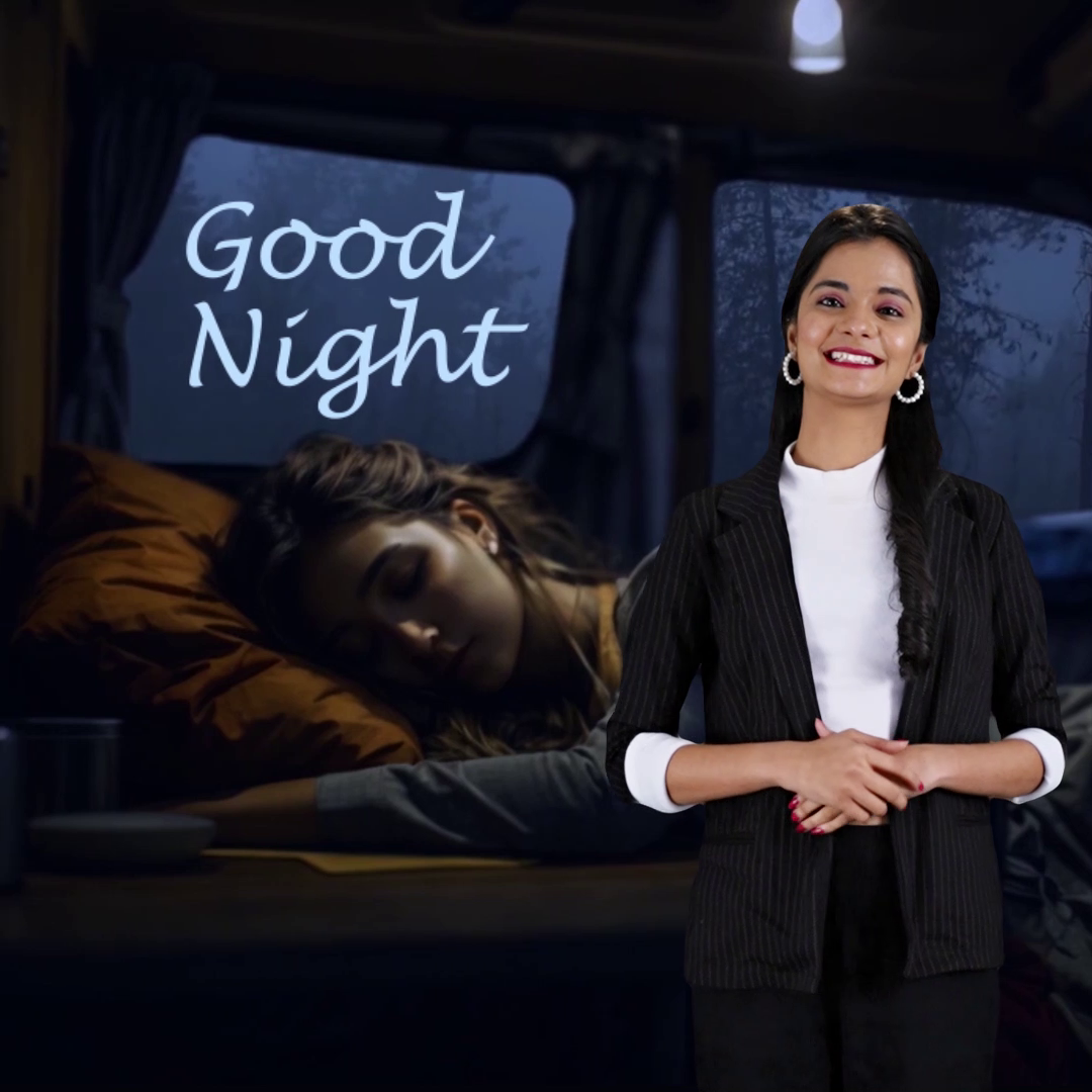 A smiling woman in professional attire presenting a good night message with a sleeping person in the background