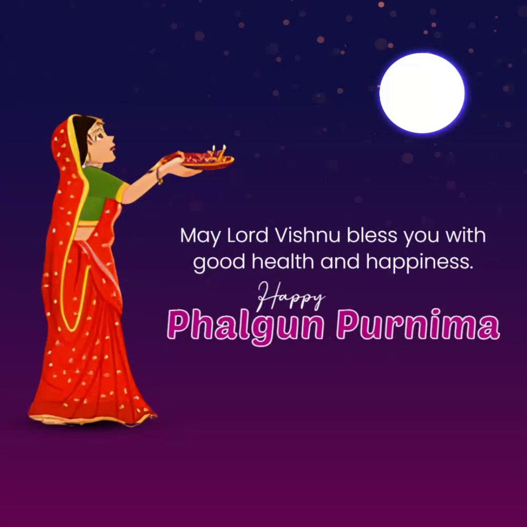 A woman in traditional Indian attire holding a diya under a full moon, wishing Happy Phalgun Purnima.