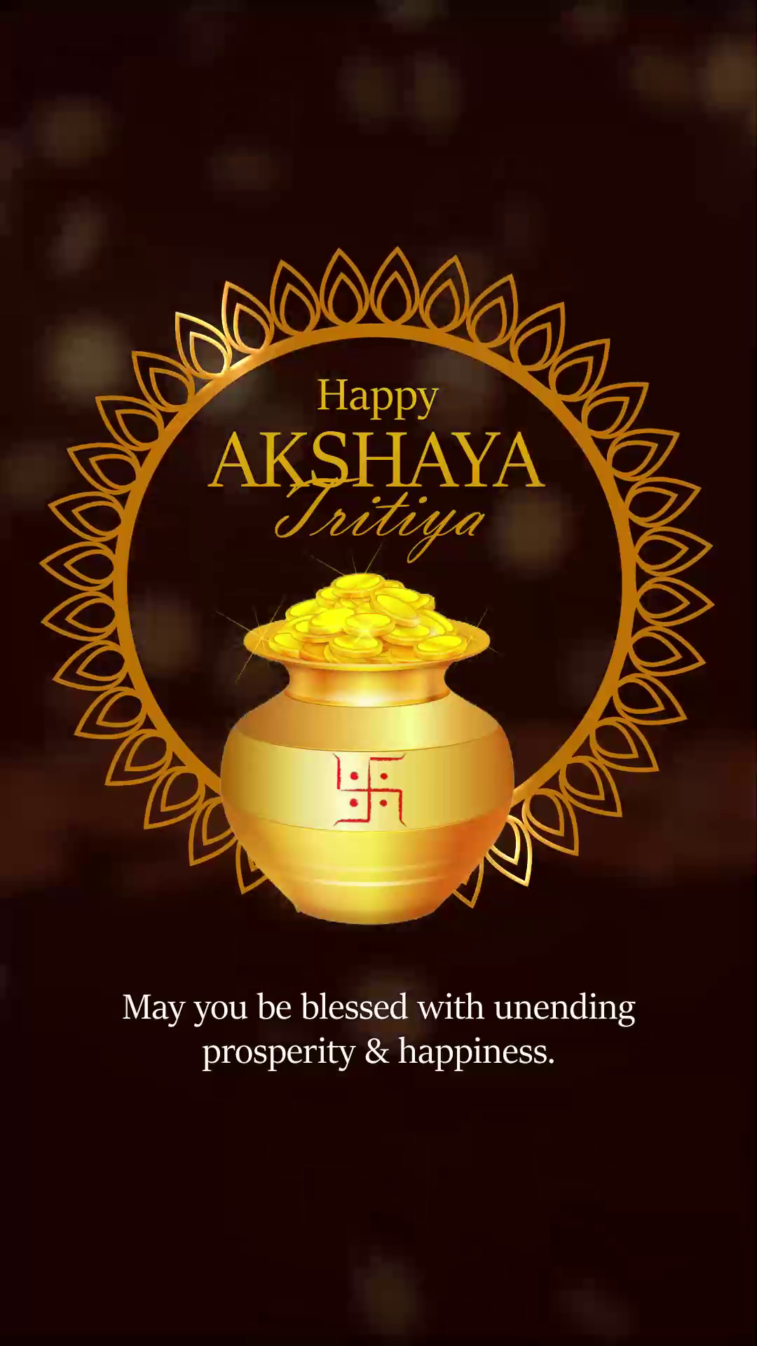 A festive illustration of a golden kalash filled with gold coins for Akshaya Tritiya on a dark background