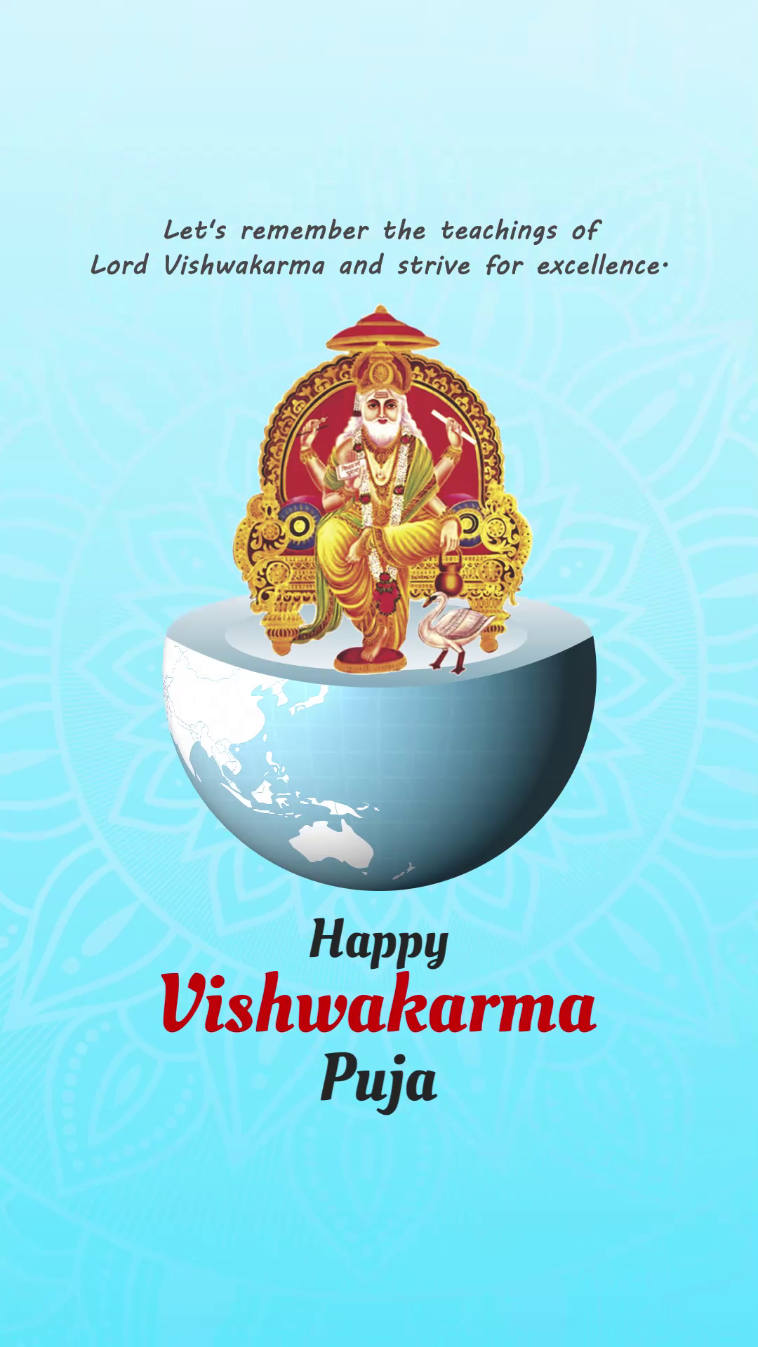 Lord Vishwakarma sitting on a throne atop a globe with text wishing Happy Vishwakarma Puja