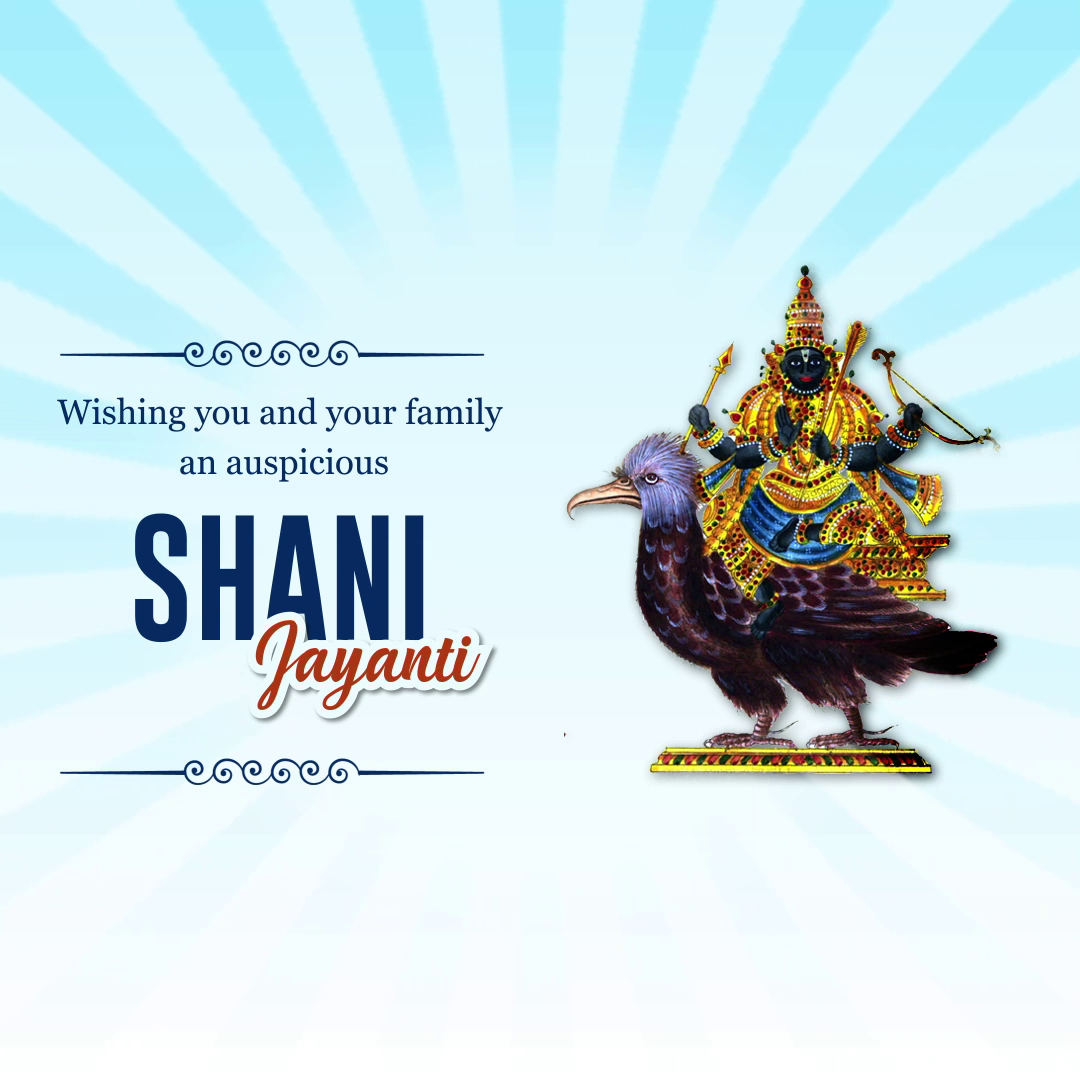 A celebratory graphic for Shani Jayanti featuring Lord Shani riding a crow on a light blue sunburst background.
