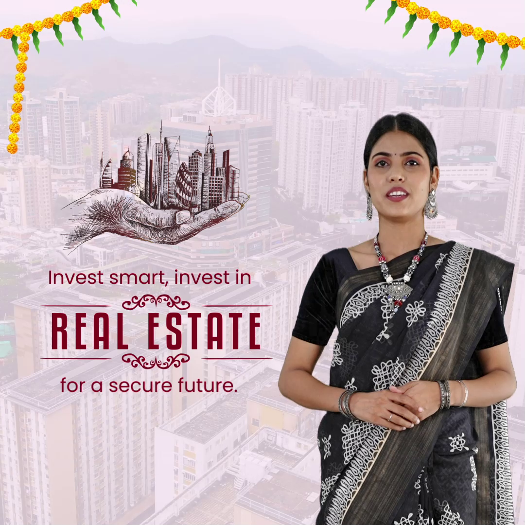 A woman in a saree promoting real estate investment with a city skyline background.