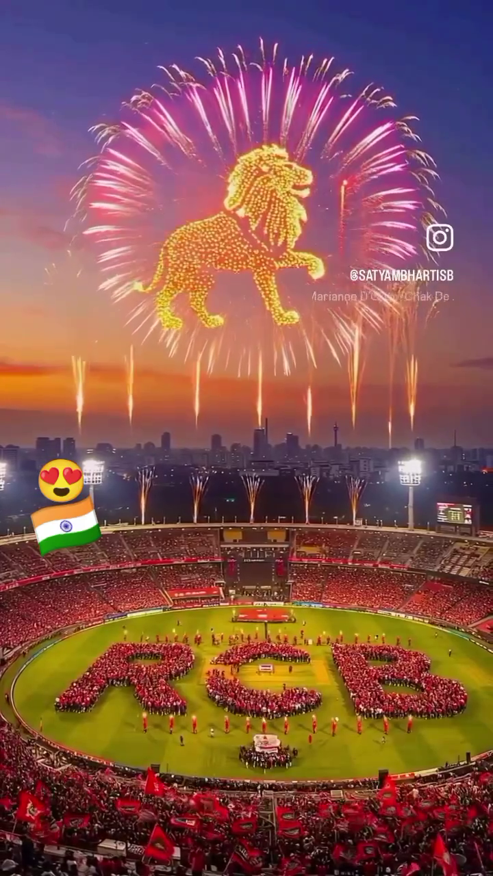 Royal Challengers Bangalore RCB logo formation on cricket field with digital fireworks display