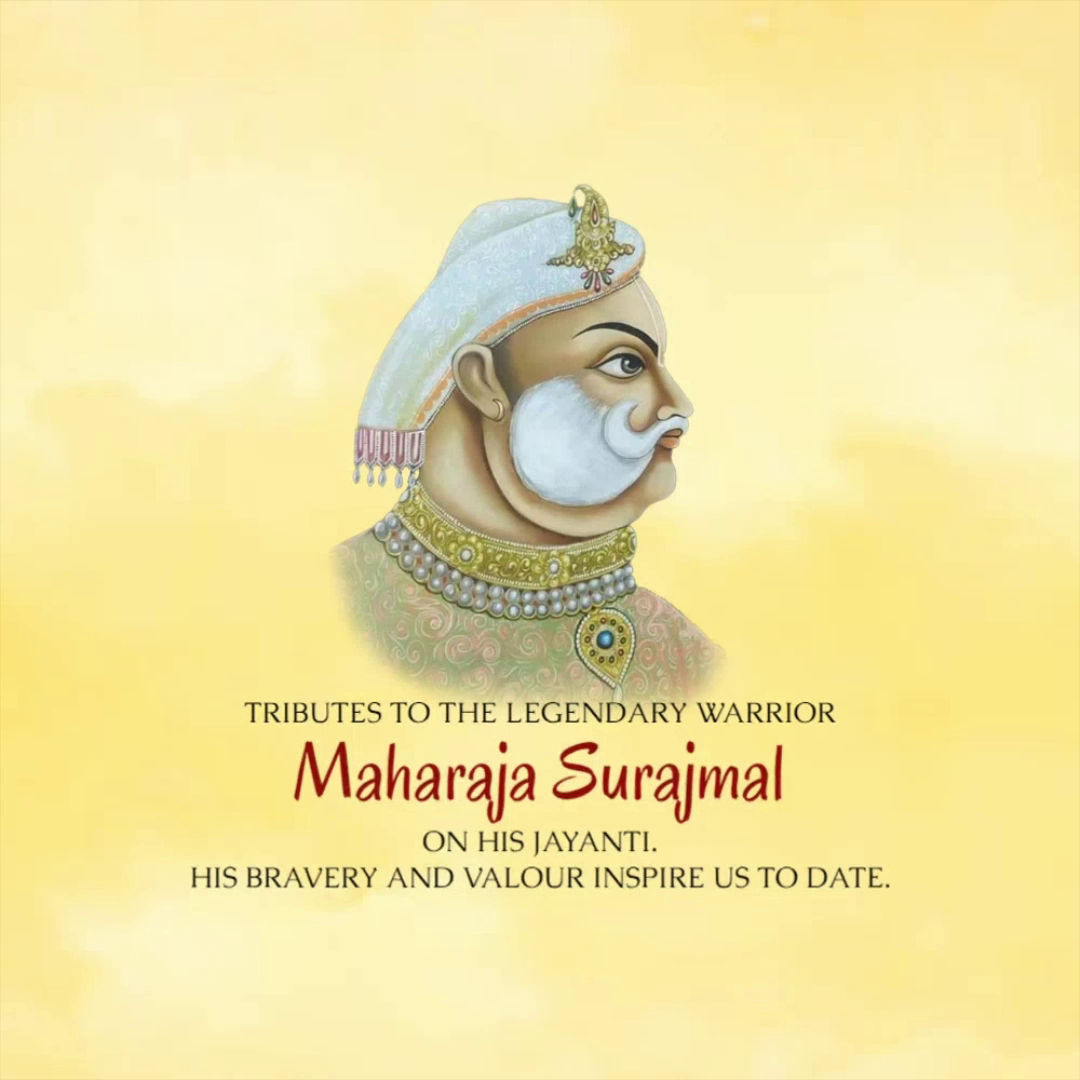 An artistic illustration of Maharaja Surajmal with a golden background and a tribute message