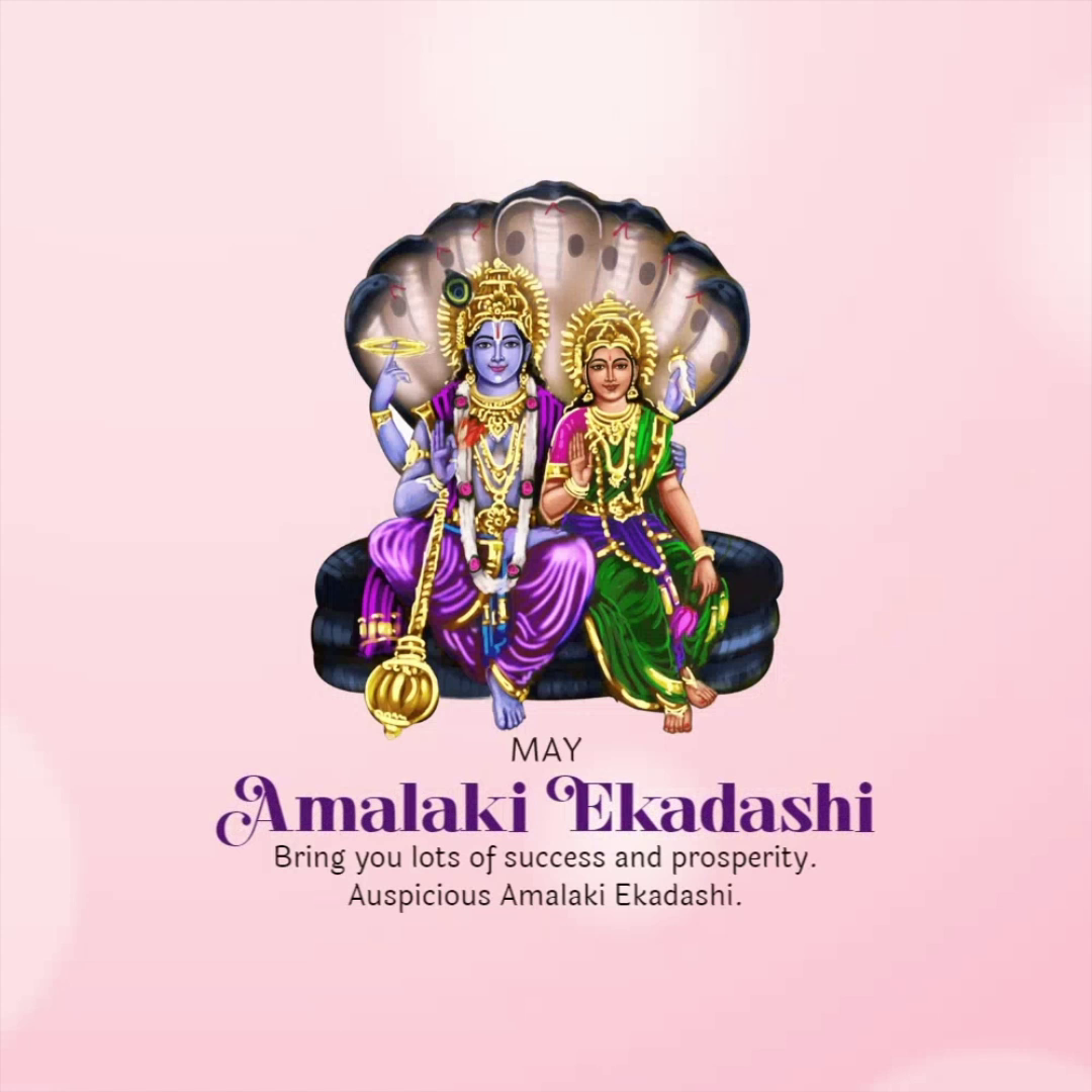 Lord Vishnu and Goddess Lakshmi sitting together for Amalaki Ekadashi festival greeting