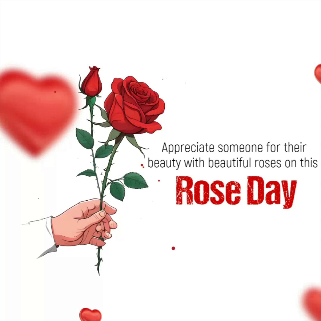 A hand holding a red rose with heart shapes in the background, text says Appreciate someone for their beauty with beautiful roses on this Rose Day