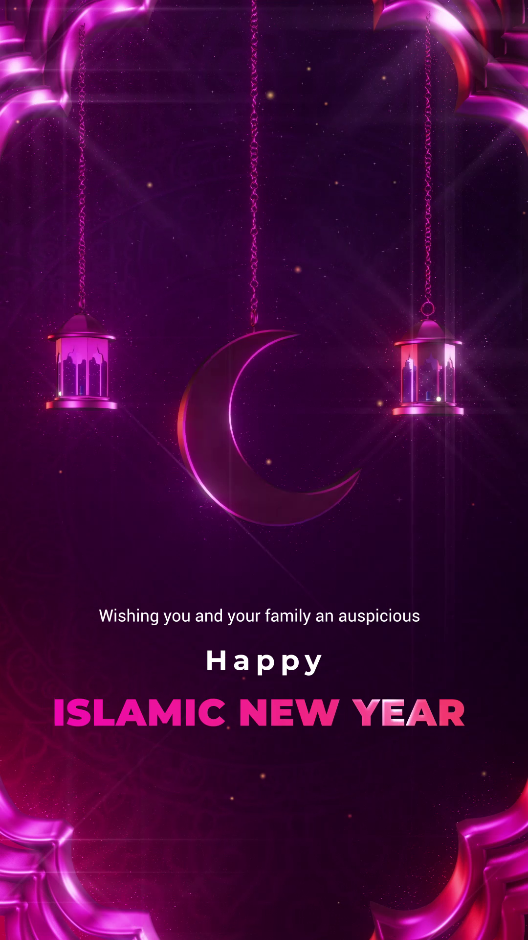 A celebratory Islamic New Year graphic featuring a crescent moon and hanging lanterns on a purple background.