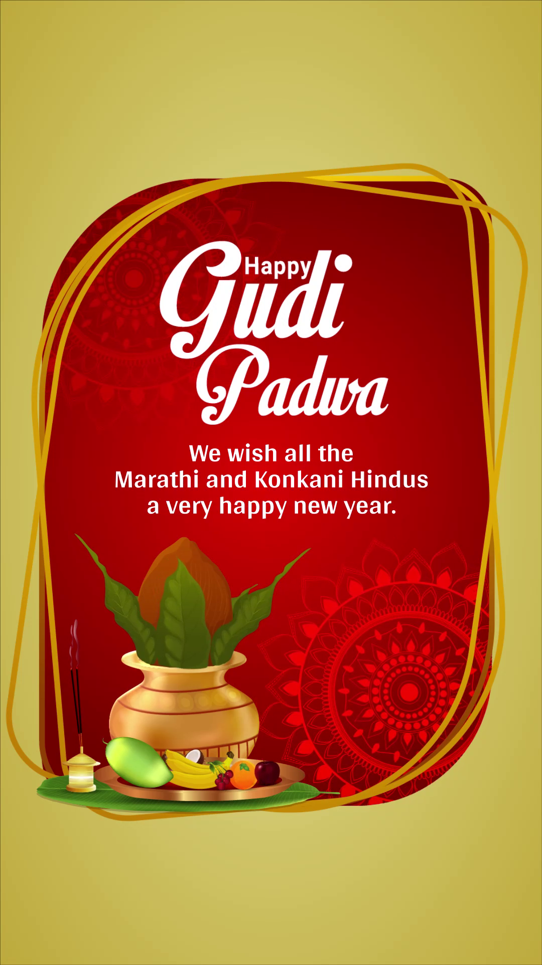 Decorative Gudi Padwa graphic featuring a traditional pot, fruits, and cultural motifs on a red and gold background.