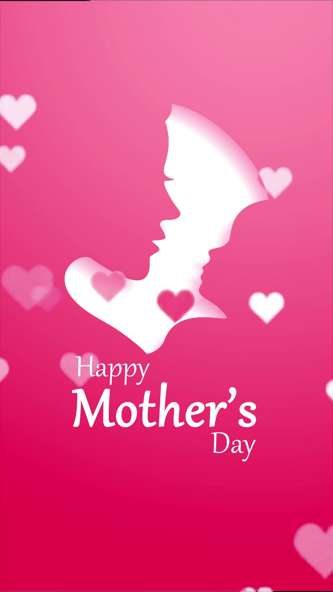 An abstract silhouette of a mother and child with floating hearts against a vibrant pink background for Mother's Day.