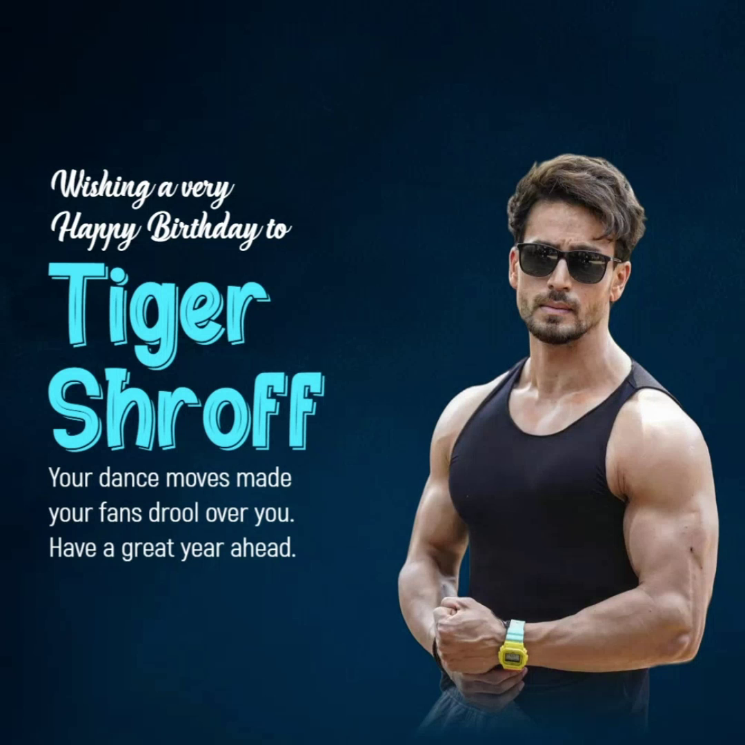 Tiger Shroff wearing sunglasses and a black tank top with birthday text overlay