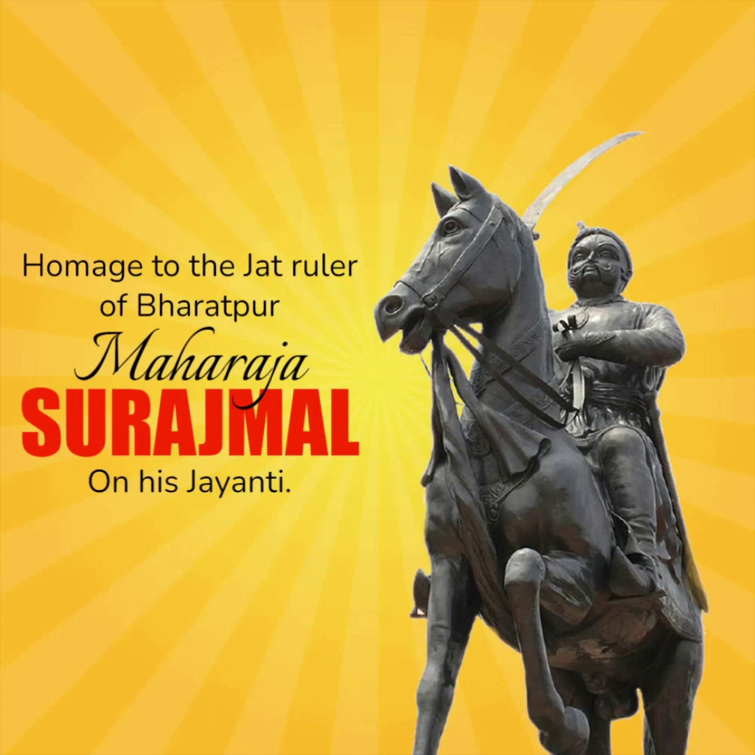 Statue of Maharaja Surajmal on horseback against a yellow sunburst background