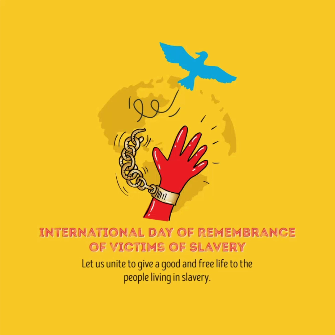 A poster featuring a broken chain on a hand and a bird, symbolizing freedom for the International Day of Remembrance of Victims of Slavery