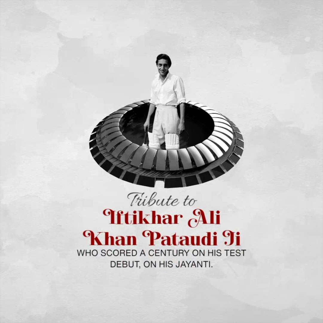A commemorative tribute graphic featuring a black and white portrait of cricketer Iftikhar Ali Khan Pataudi standing inside a stadium-inspired design.