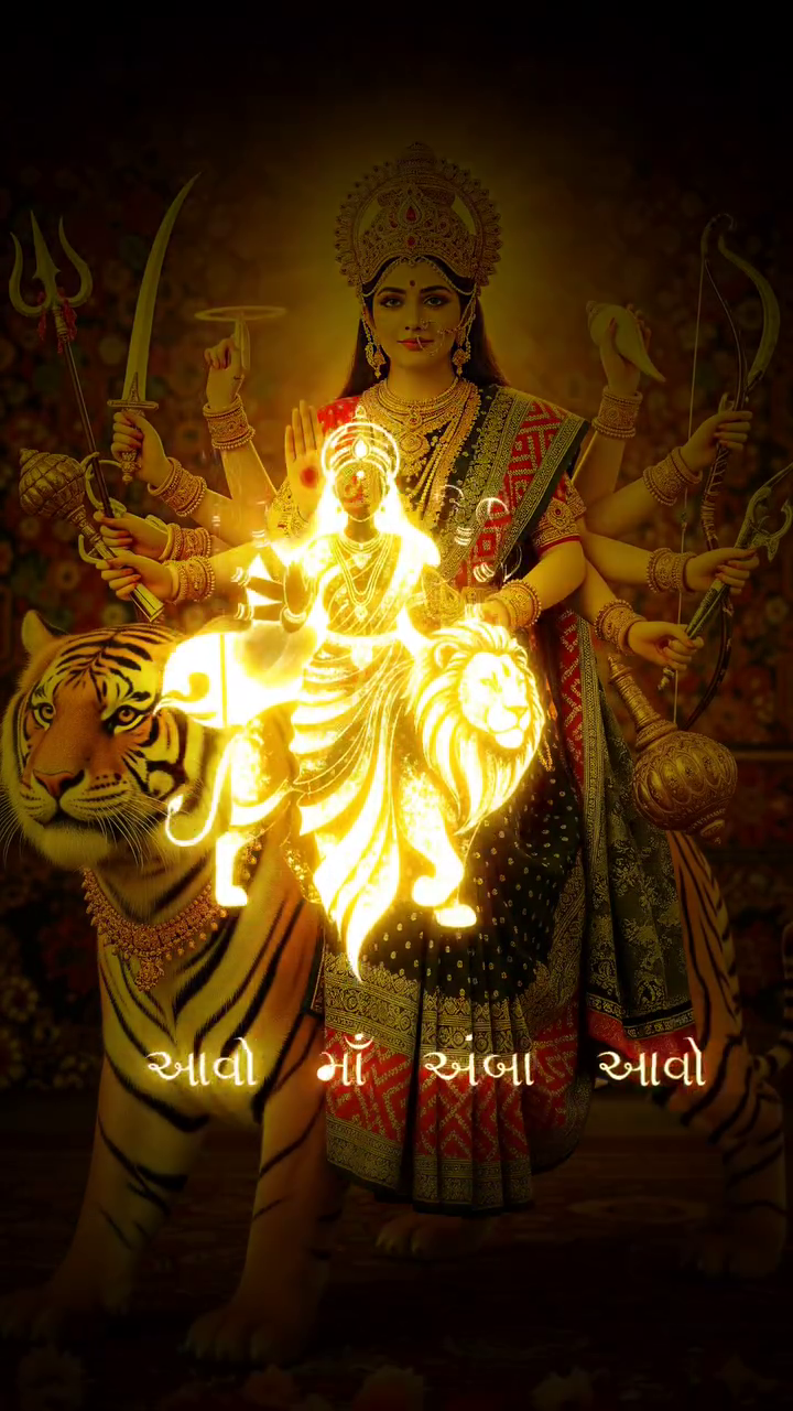Goddess Durga riding a tiger with golden glow text Aavo Maa Amba Aavo