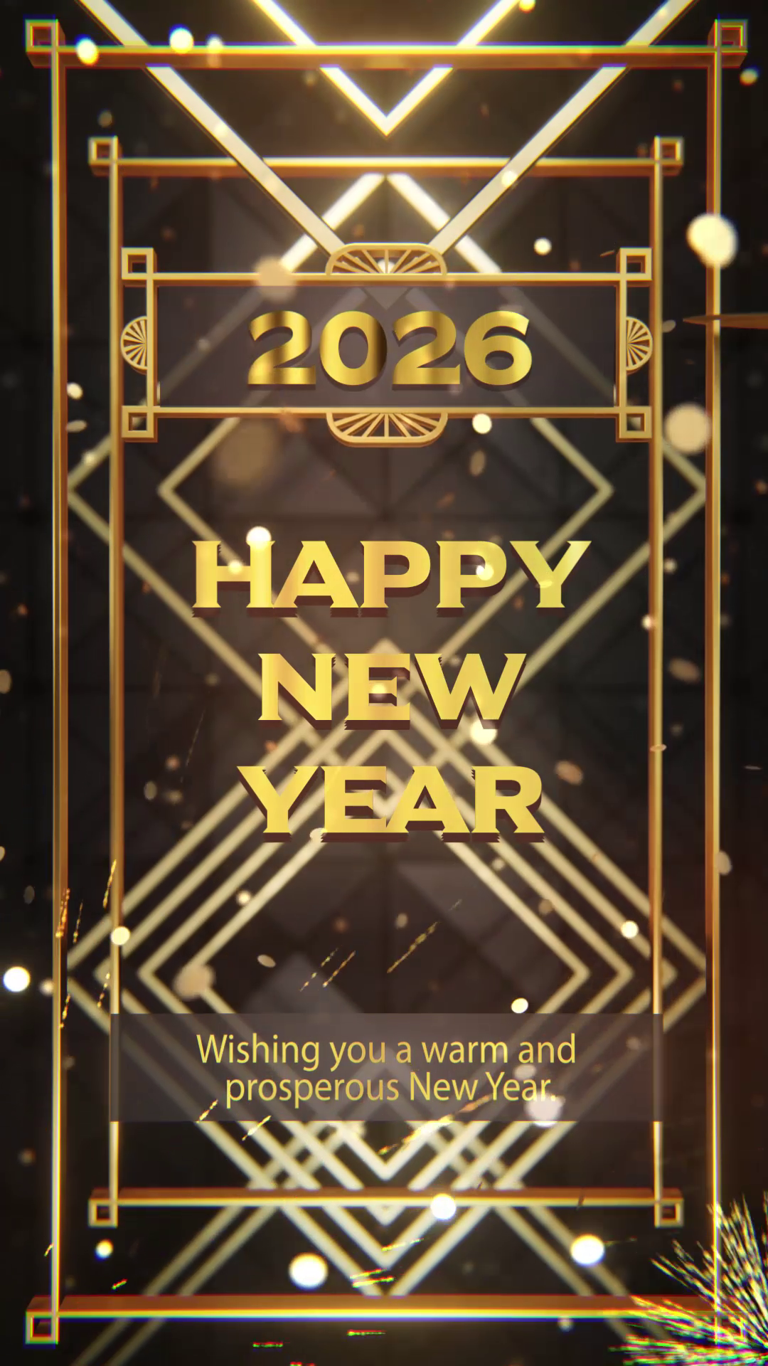 A luxurious 2026 Happy New Year graphic with gold geometric Art Deco frames and glowing particle effects on a dark background.