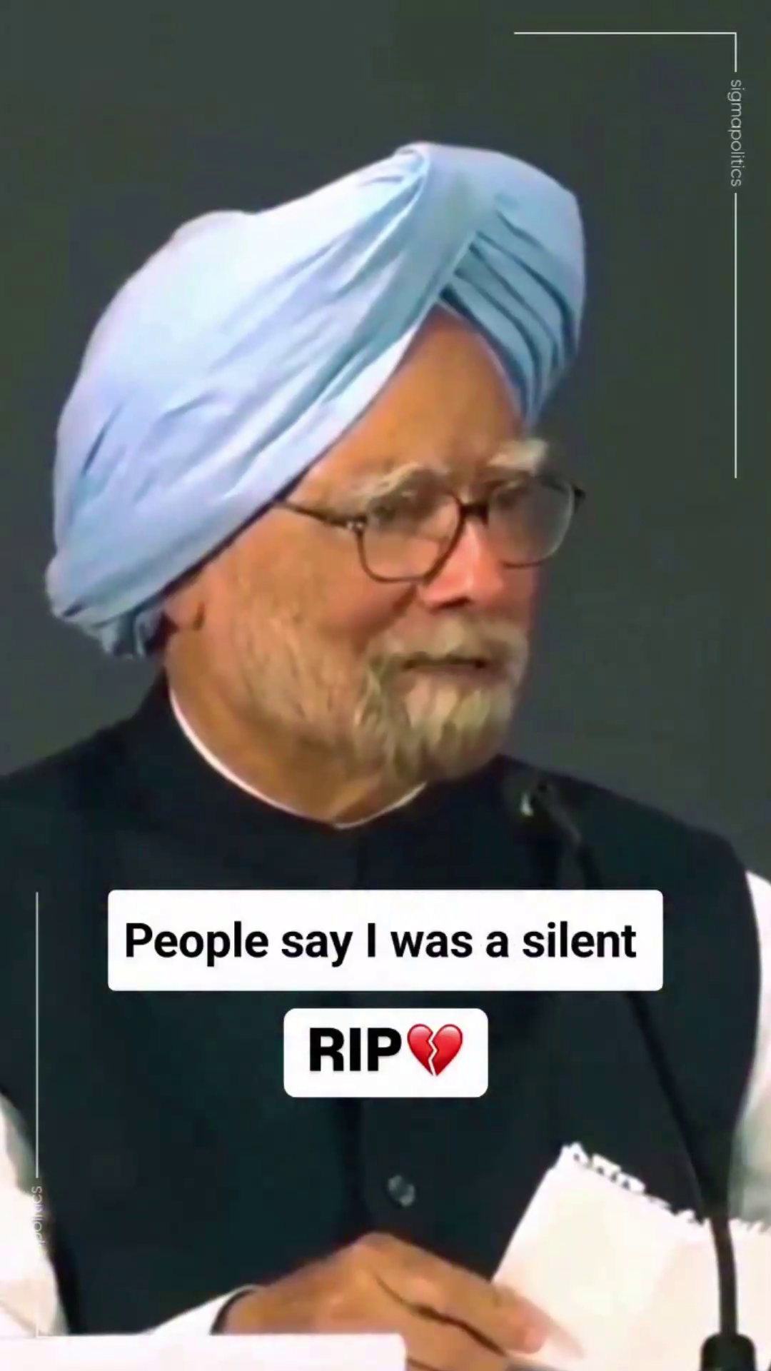 Former Prime Minister Manmohan Singh wearing a light blue turban with a caption about being silent
