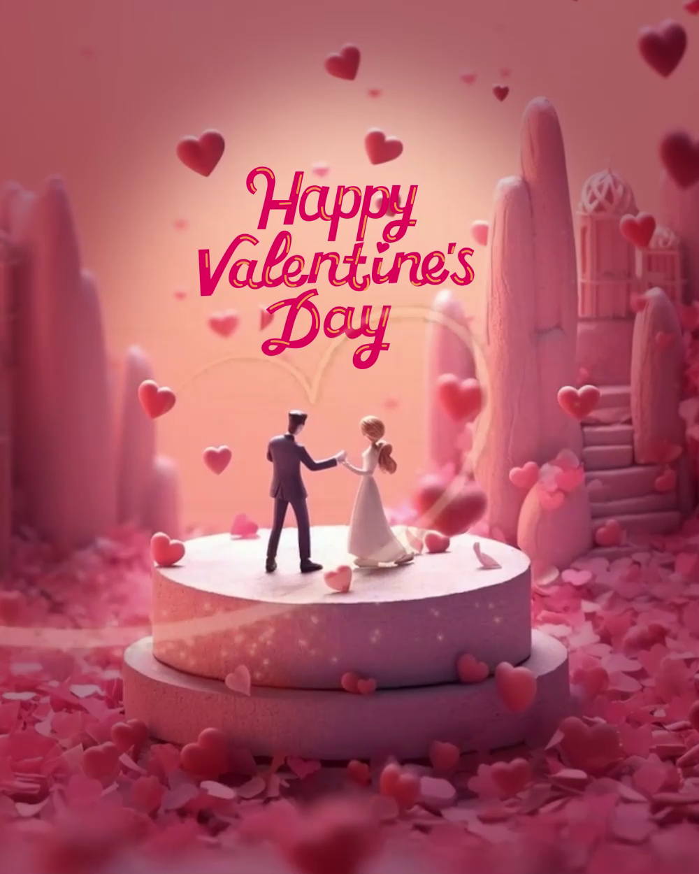 A miniature statue of a couple dancing on a platform surrounded by pink hearts and a castle background for Valentine's Day