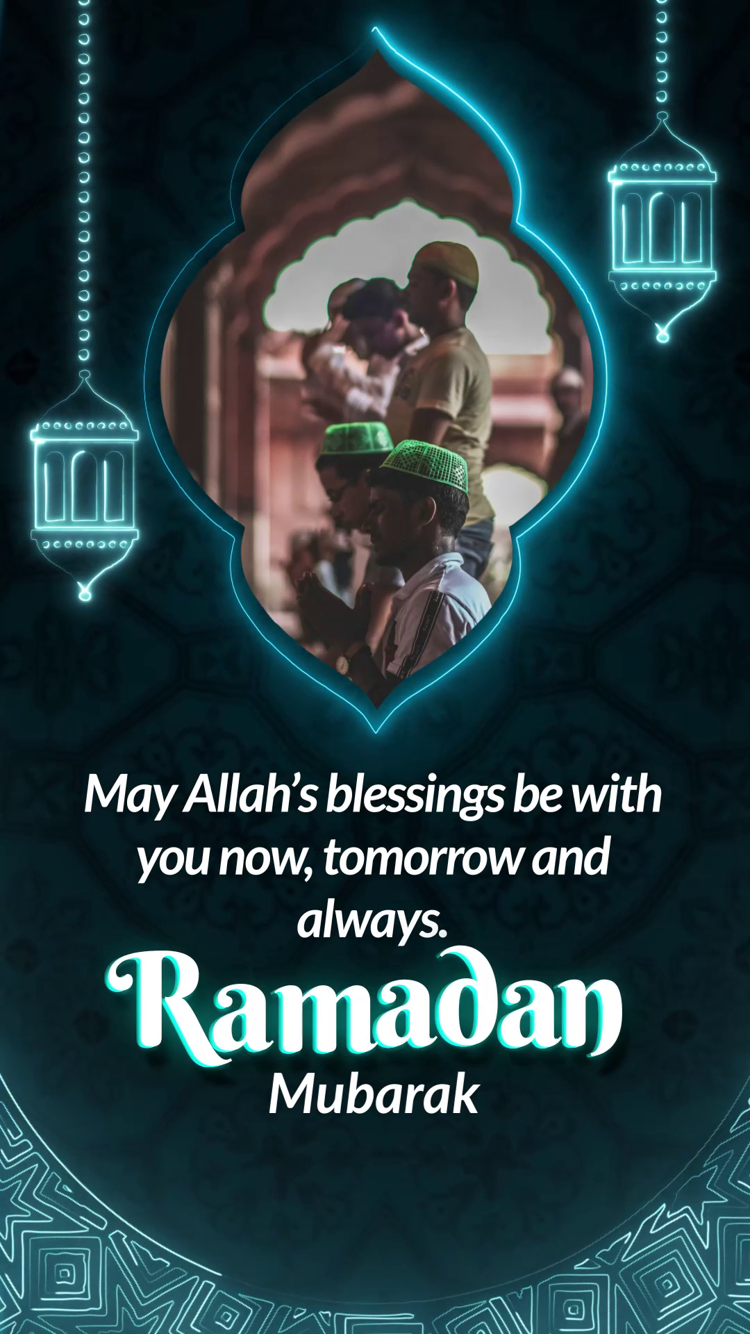 Muslim men praying inside a mosque with neon lantern graphics and Ramadan Mubarak text