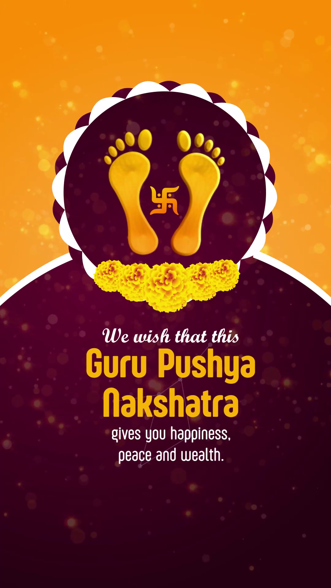 A creative design wishing a happy Guru Pushya Nakshatra with golden footprints and marigold flowers.