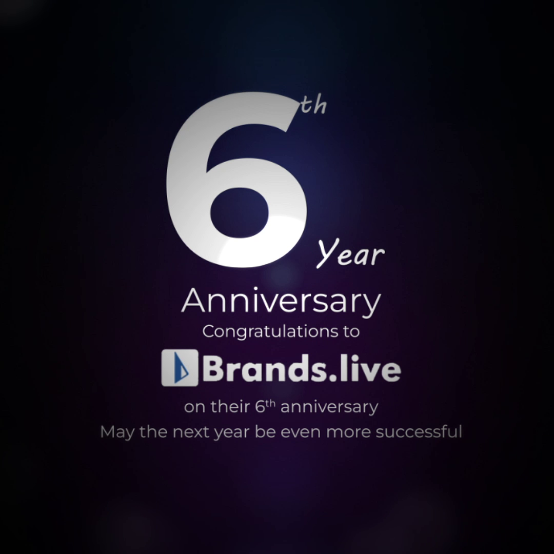 A celebratory graphic for Brands.live marking their 6th anniversary against a dark blue background.