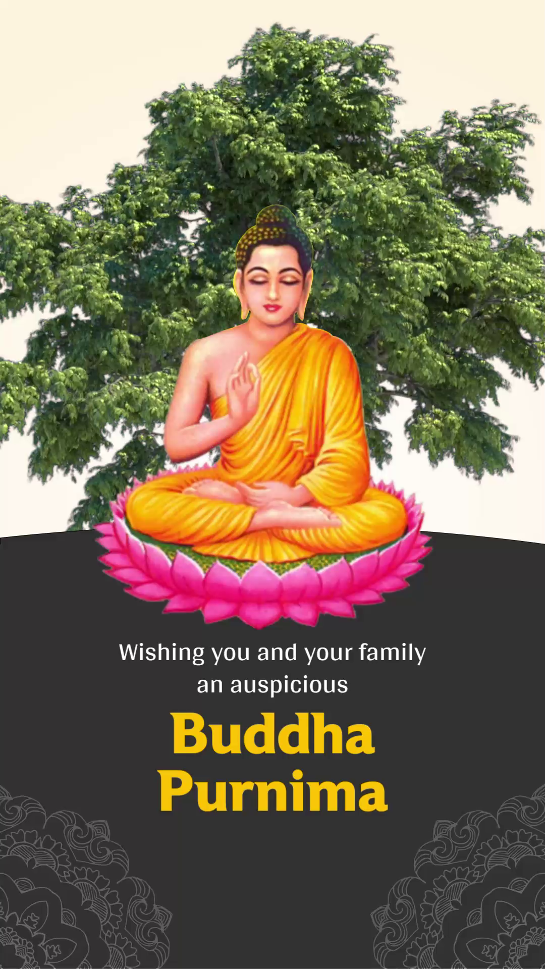 Lord Buddha sitting in meditation on a pink lotus with a Bodhi tree in the background