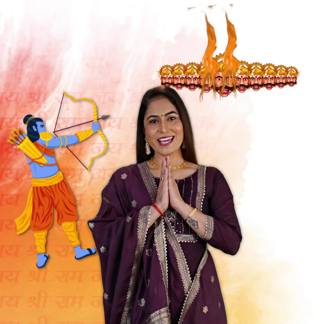 A woman in traditional Indian attire offering greetings with hands joined, set against a background featuring Lord Rama with a bow and the ten-headed demon Ravana, themed for the Hindu festival of Dussehra.