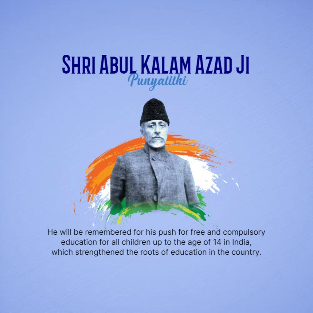 A tribute image for Maulana Abul Kalam Azad on his death anniversary featuring his portrait and the Indian tricolor.