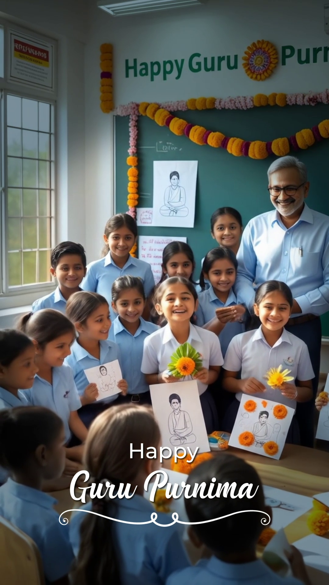 A teacher and diverse students celebrating Guru Purnima in a classroom with decorations and drawings.